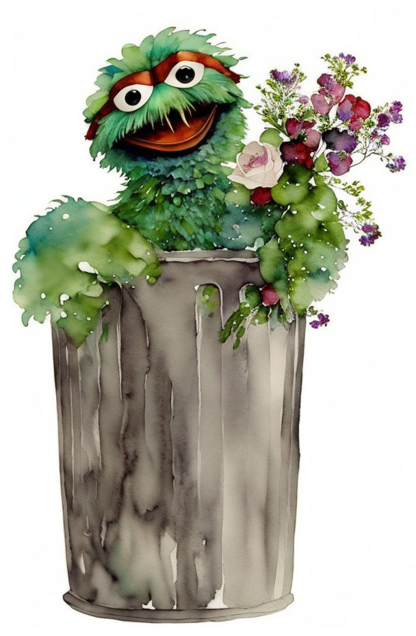 Colorful Flowers Adorn Green Furry Creature in Trash Can