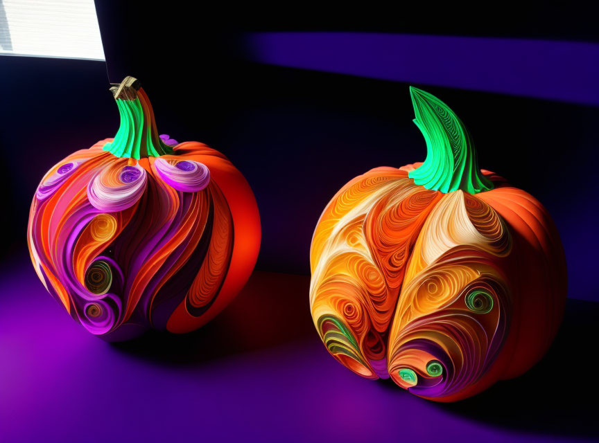 Vibrant stylized pumpkins under purple lighting