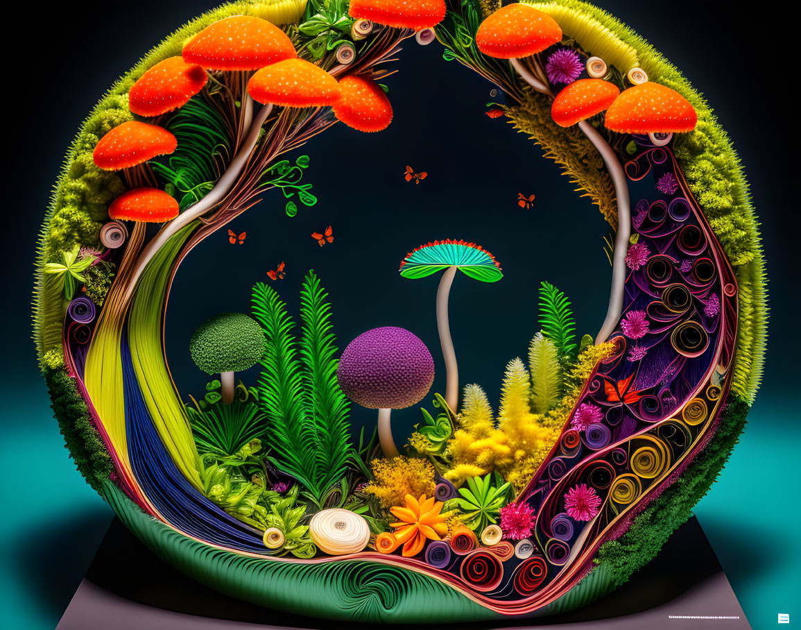 Colorful digital art: whimsical circular ecosystem with mushrooms, plants, and floating creatures on dark backdrop