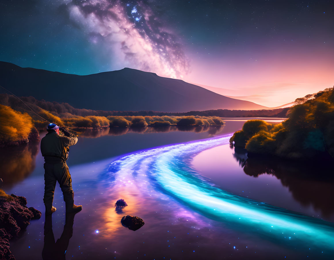 Starry Sky and Bioluminescent River in Mountain Landscape