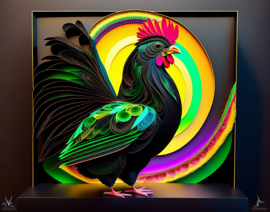 Colorful Stylized Rooster Artwork with Elaborate Tail Feathers