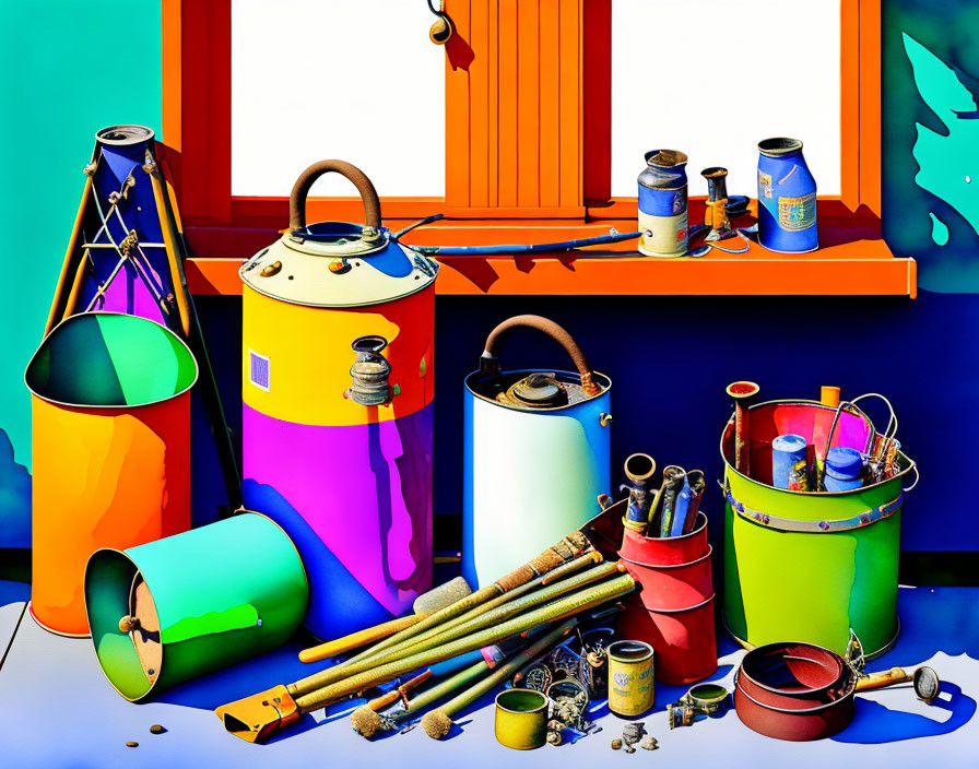 Colorful painter's workspace with paint cans, brushes, and ladder on blue background