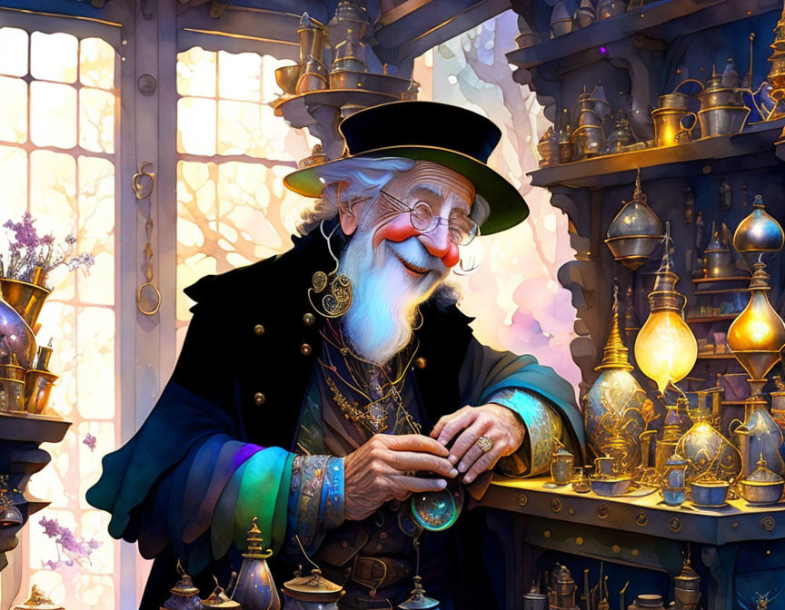 Elderly wizard repairing magical object in cozy workshop