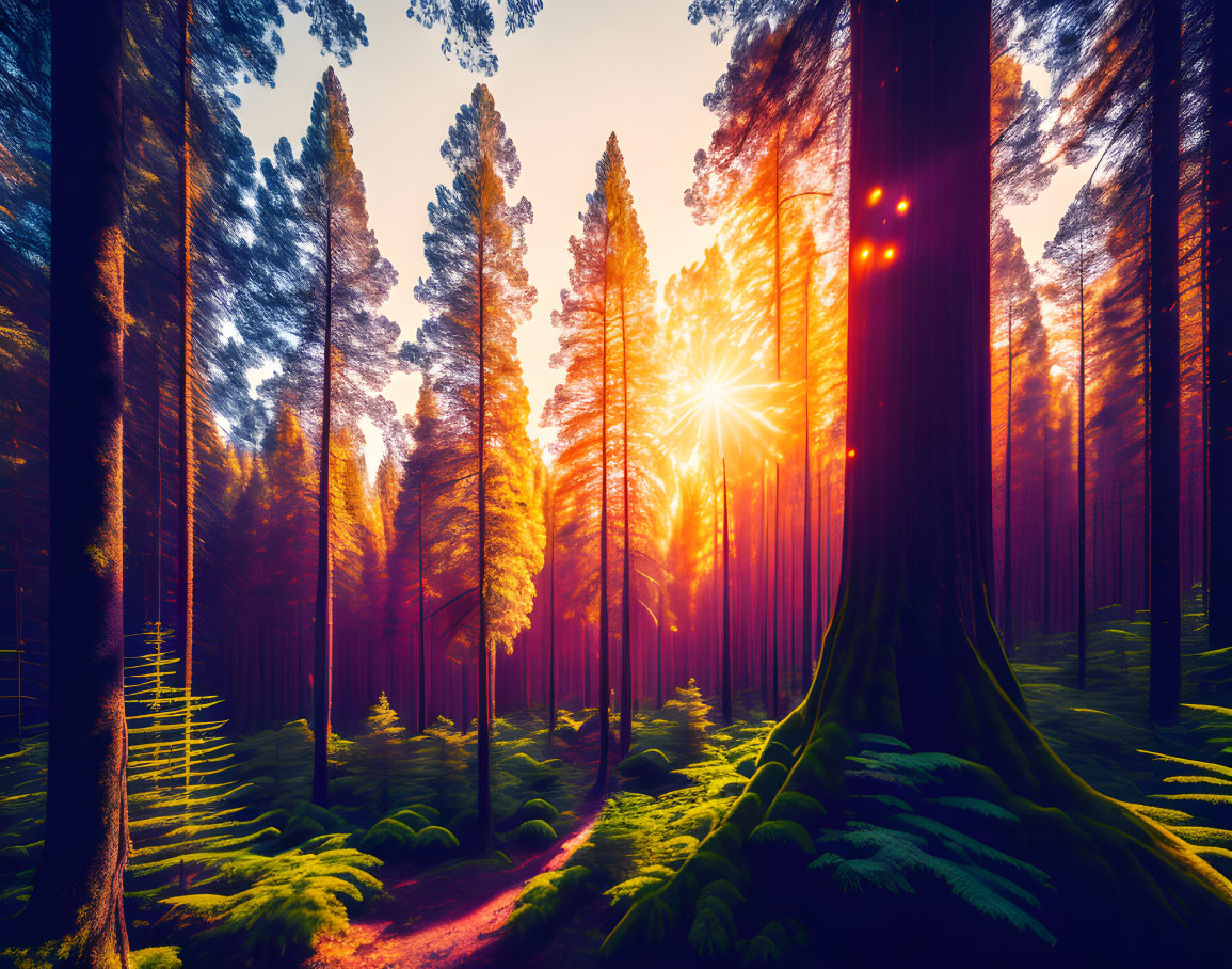 Sunlight illuminates dense forest with tall trees and vibrant green ferns