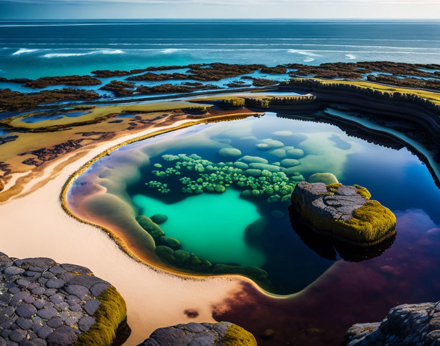 Vibrant coastal lagoon with algae formations and dark rocks by serene ocean