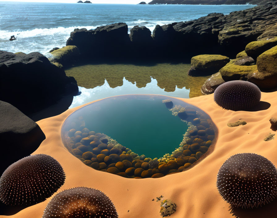 Surreal beach scene with golden tide pool and sea urchins