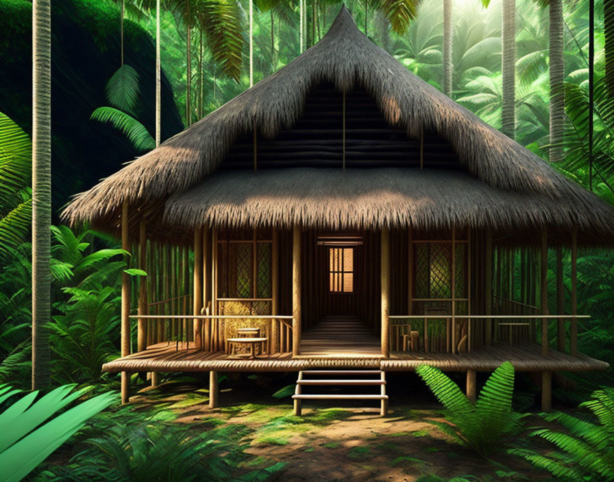 Thatched-Roof Hut in Tropical Forest with Front Porch