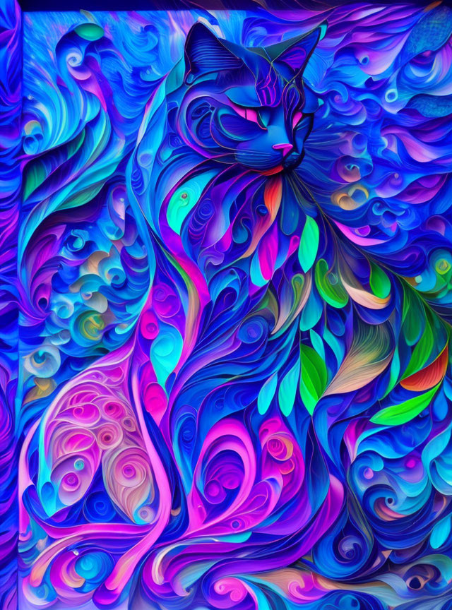 Colorful Abstract Cat Artwork with Swirling Patterns in Blues, Purples, Pink, and