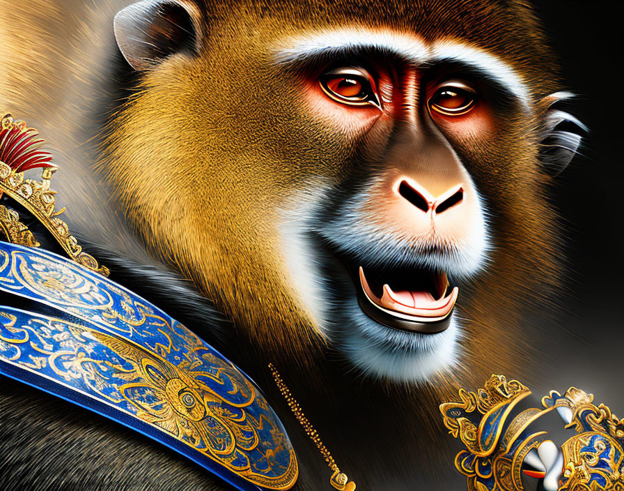 Detailed Illustration of Monkey in Royal Attire with Human-like Eyes