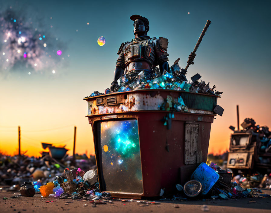 Surreal knight figure on cosmic dumpster under twilight sky