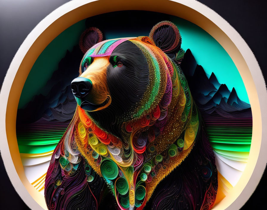 Colorful Stylized Bear Artwork with Swirling Patterns and Mountain Background