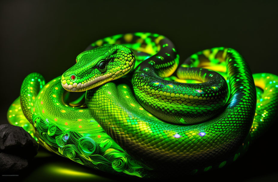 Vibrant Green Snake with Glowing Scales on Rock in Dim Light