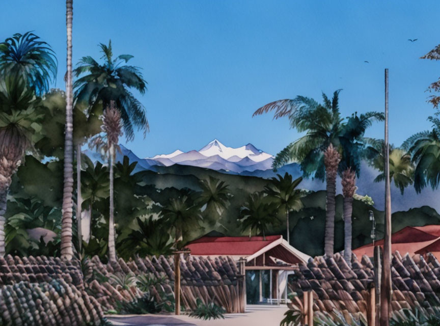 Tropical Scene with Palm Trees, House, and Snow-Capped Mountains