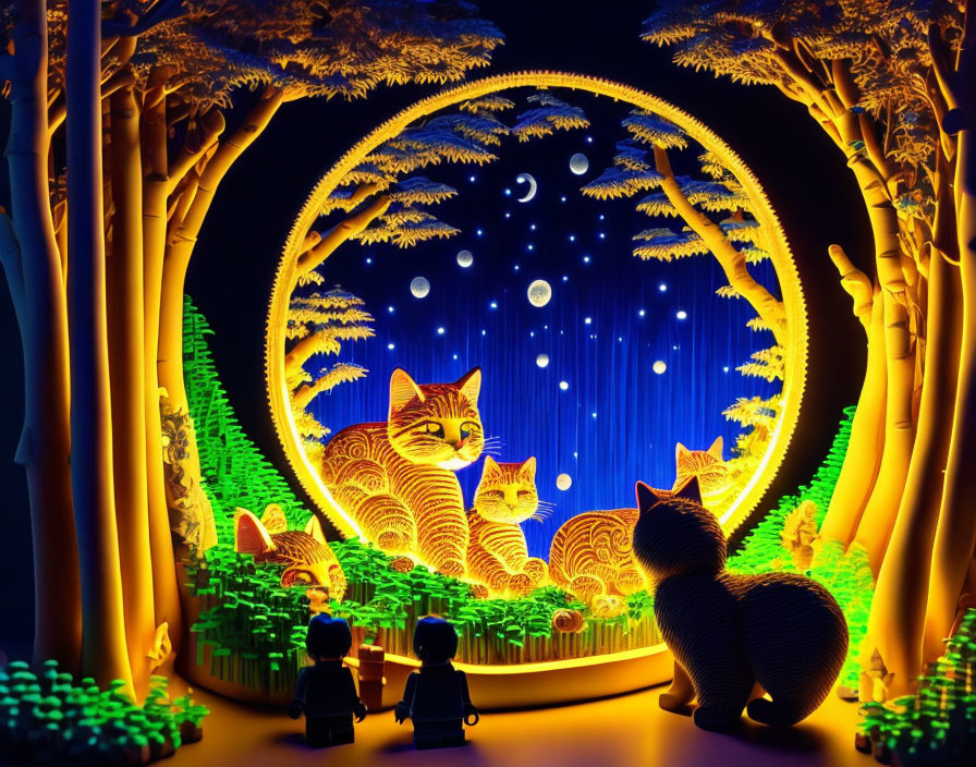 Colorful 3D paper art diorama with illuminated trees, cats, and starry night sky