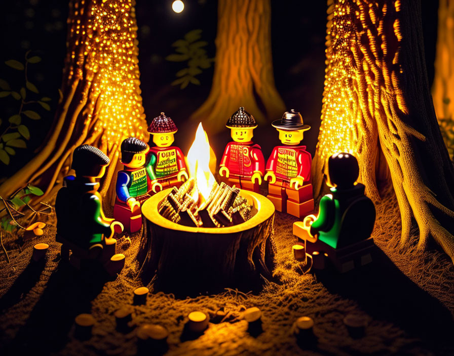 Miniature firefighter toy figures around campfire at night with illuminated tree background