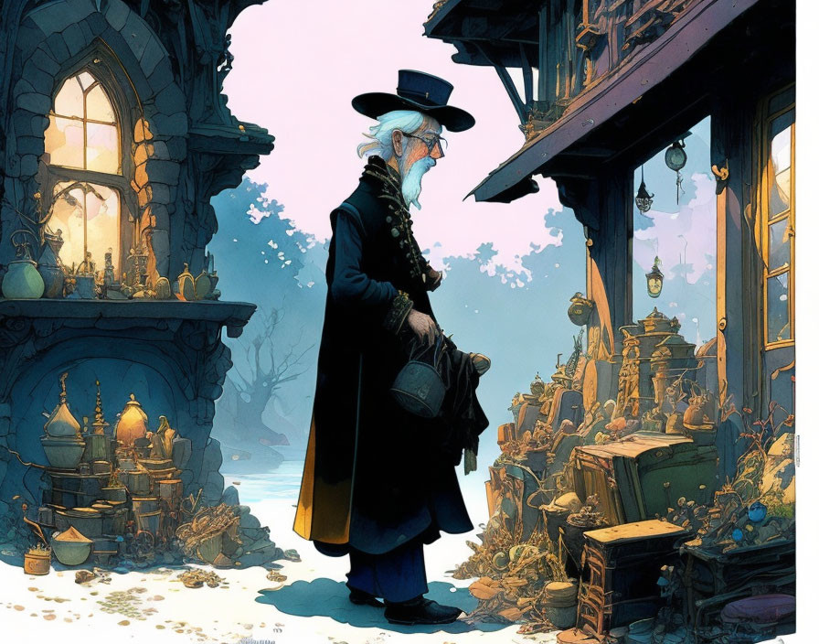 Elderly gentleman in snow-covered fantasy village with detailed buildings