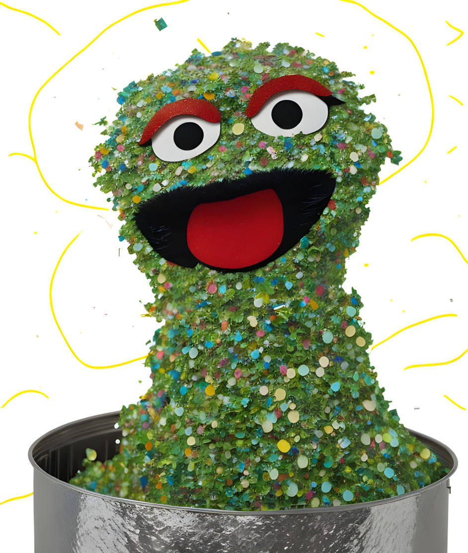 Vibrant character with large eyes and open mouth in glittery silver can surrounded by swirling yellow lines