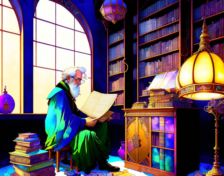 Elderly man reading large book in cozy library with stained glass window