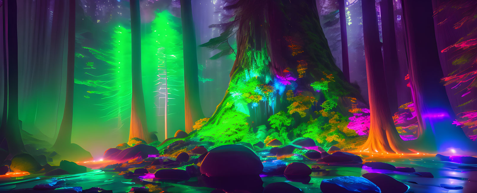 Colorful Neon-Lit Forest with Mist, Stream, and Rocks