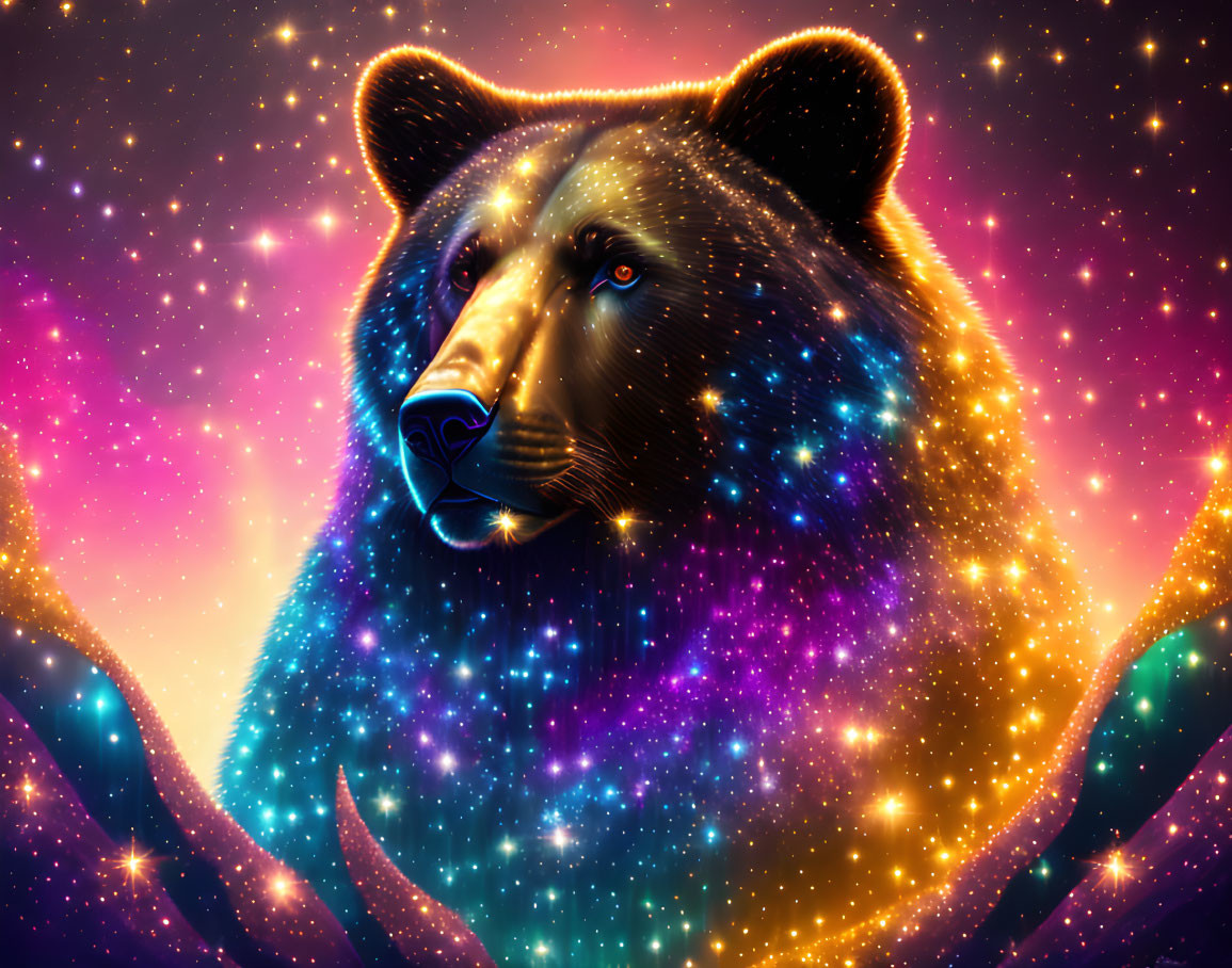 Colorful Cosmic Bear Art Against Starry Galaxy Background