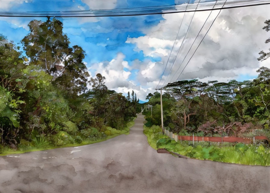 Scenic road with lush greenery, power lines, and distant mountains