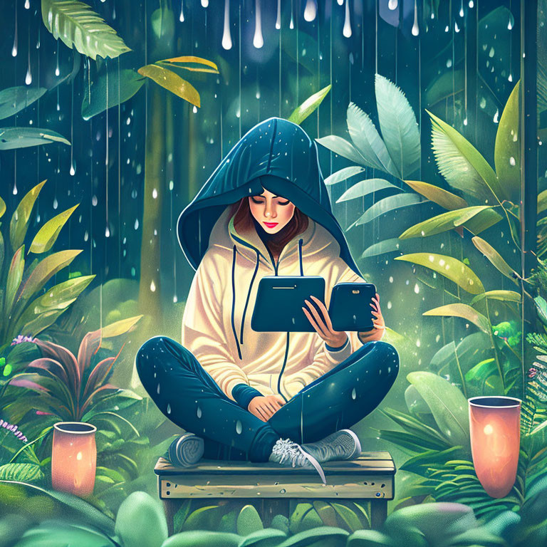 Person in Blue Hoodie Sitting on Wooden Bench Surrounded by Greenery and Rain