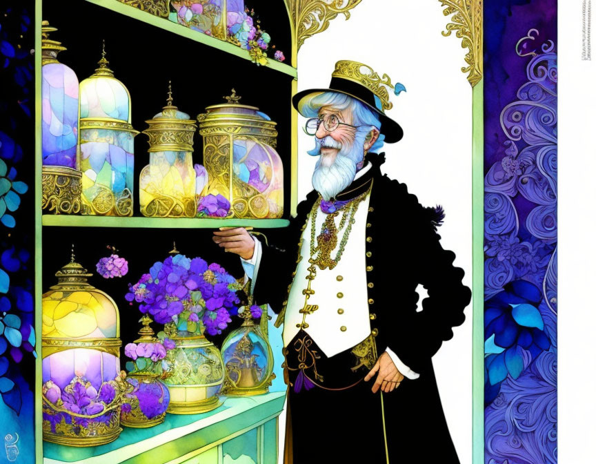 Detailed illustration of elderly man in top hat and suit near ornate shelf with jars and flowers, vibrant