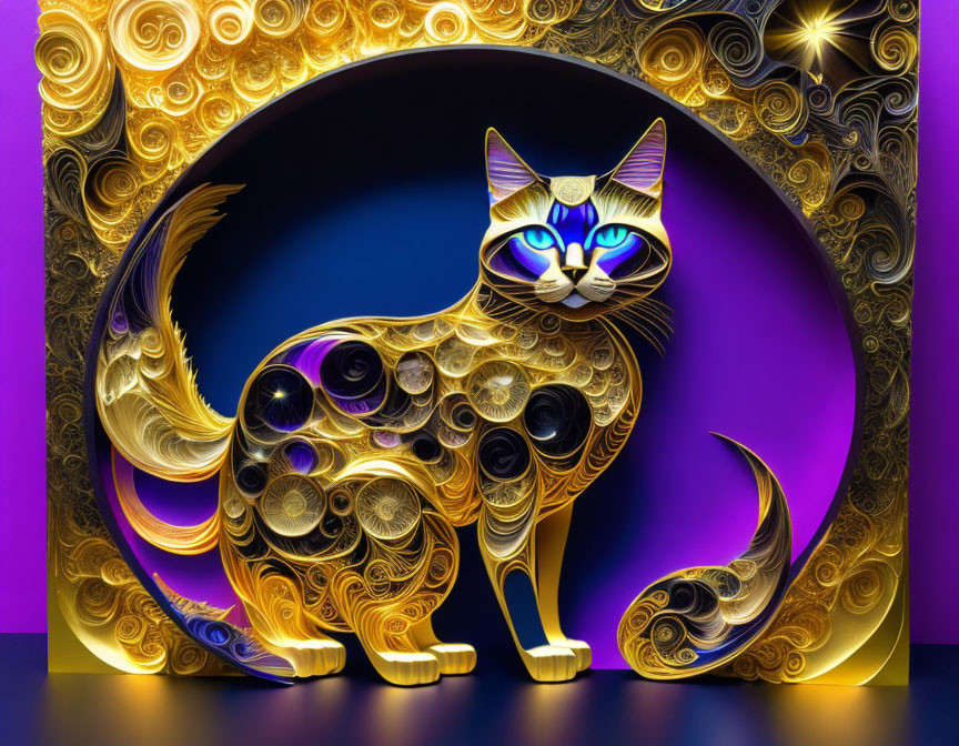 Golden cat with intricate patterns on purple backdrop in circular frame
