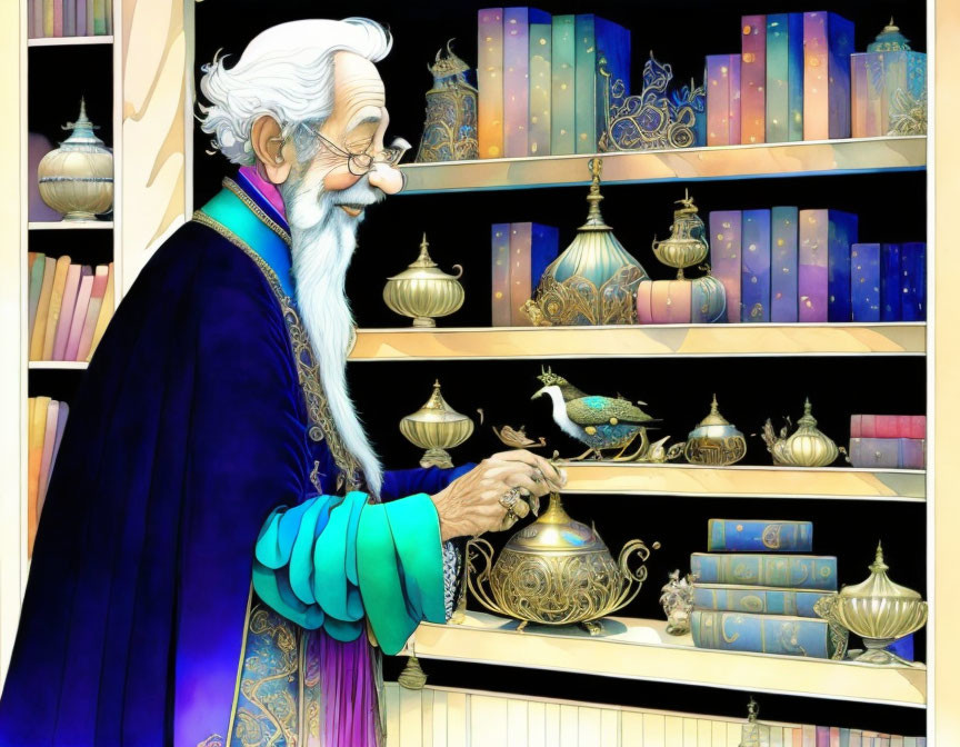 Elderly wizard with white beard studies magical artifact in ornate room