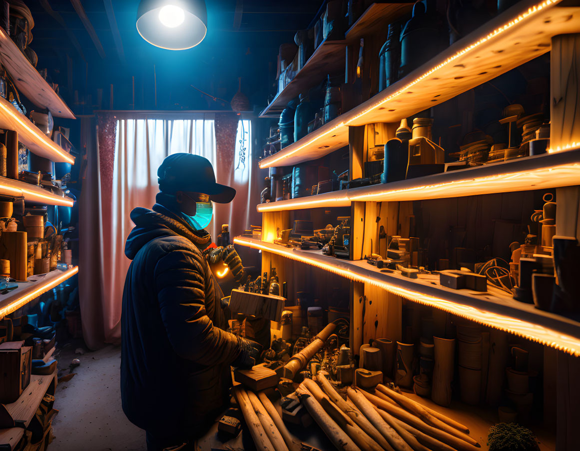 Person in Hat Examining Wooden Pieces in Cozy Woodworking Shop