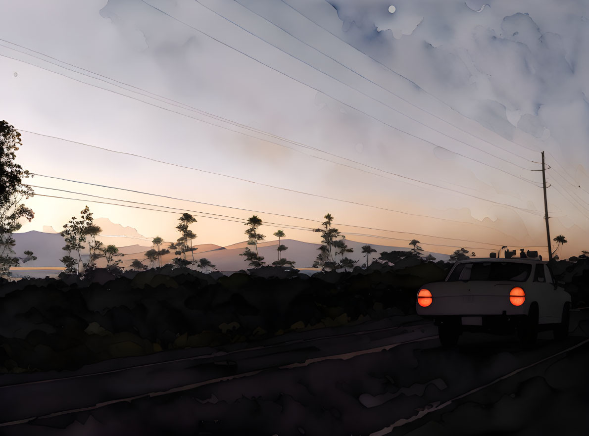 Stylized car on road at dusk with sunset behind trees & power lines