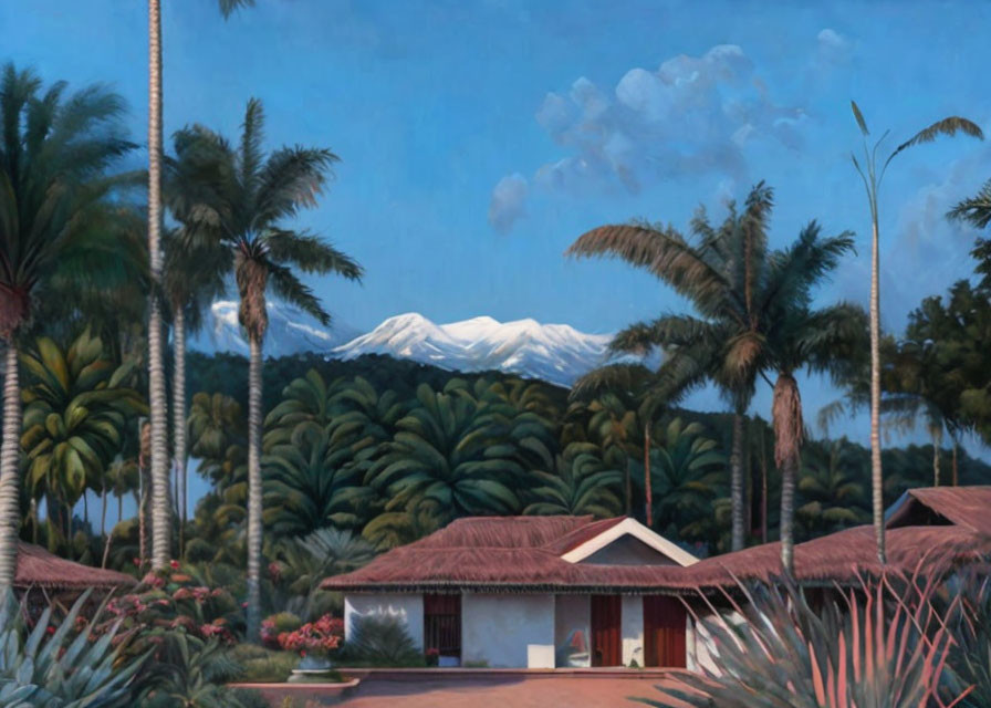 Tranquil tropical landscape with palm trees, traditional house, and snow-capped mountain