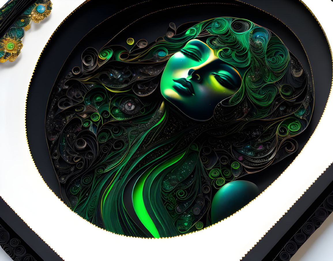 Woman with Green Skin and Flowing Hair Designs on Dark Background