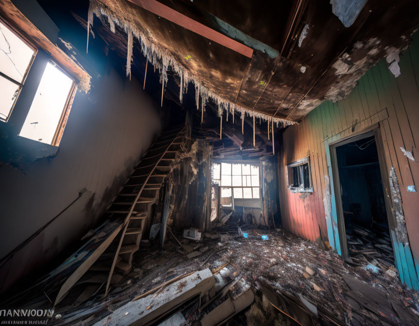 Decrepit room with damaged staircase, peeling paint, debris, and icicles