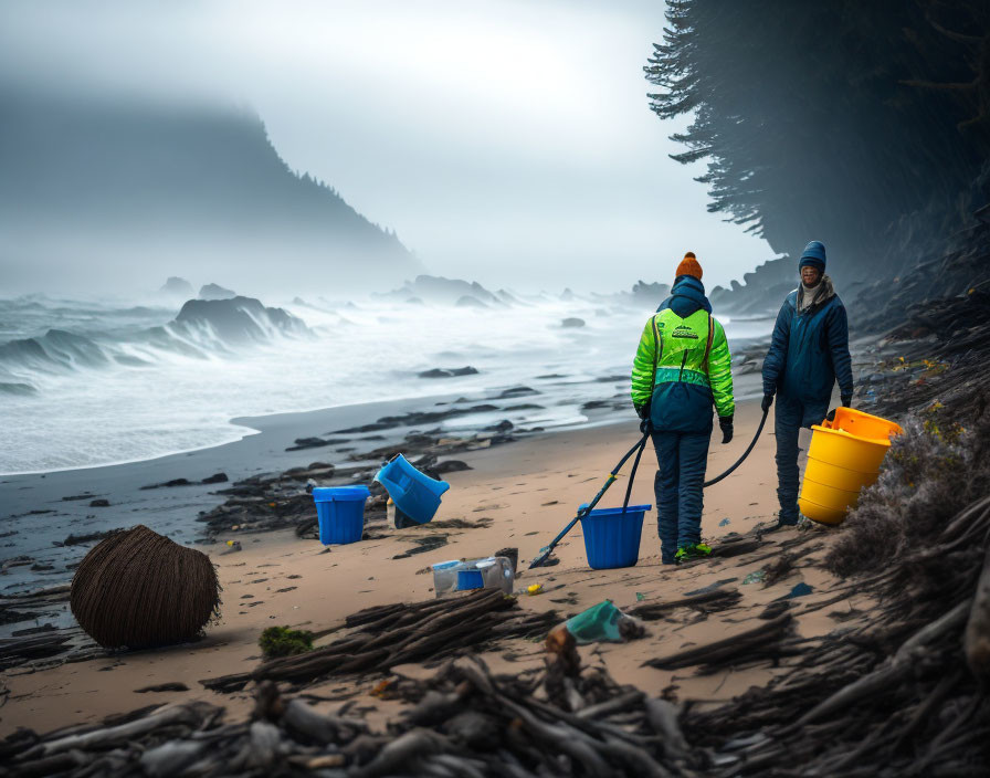 Two people cleaning foggy beach with buckets and rope, waves crashing, forested cliff.