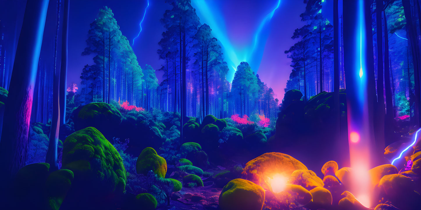 Neon-lit forest with towering trees and pink foliage