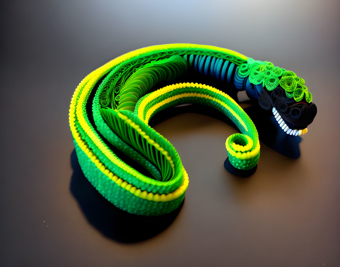 Vibrant Green and Yellow Paper Quilling Art Piece of a Snake with Intricate Coil Patterns