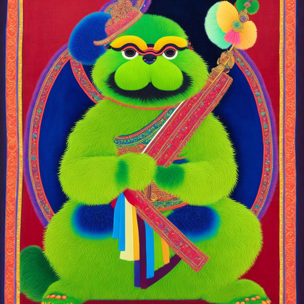 Colorful illustration: Green creature in Chinese attire with ruyi scepter on red and blue backdrop