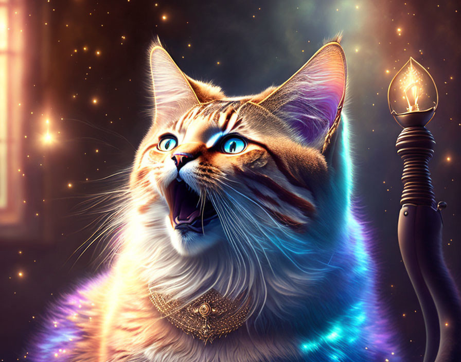 Fantasy cat with blue eyes, glowing fur, golden amulet, and magical staff