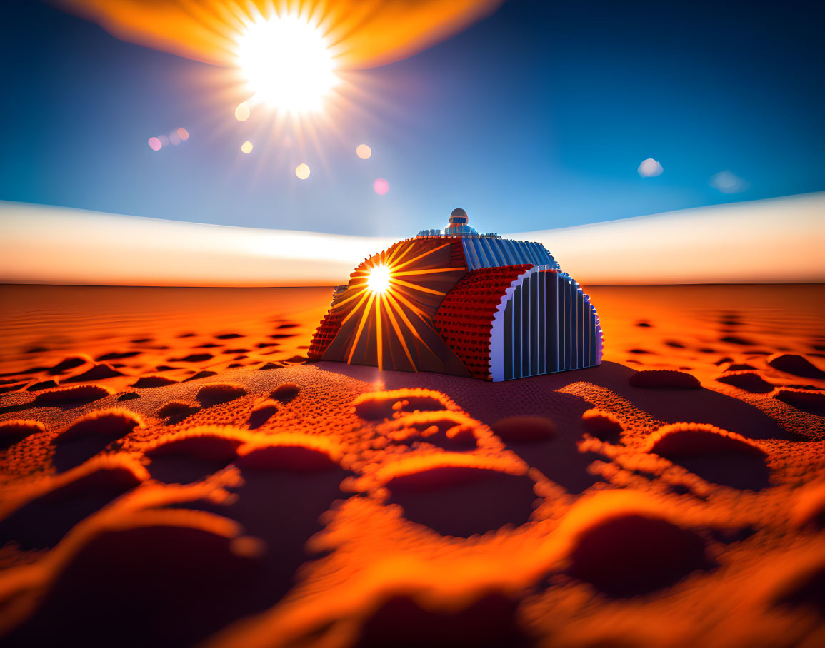 Futuristic dome structure in desert at sunset with long shadows & lens flare