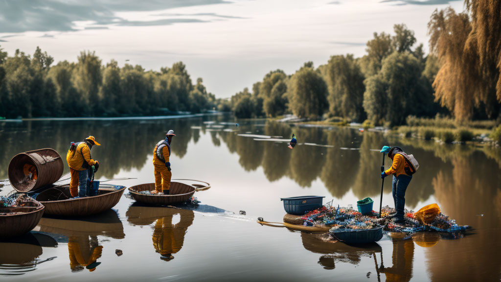 Yellow raincoat fishermen sort nets on round boats by calm, tree-lined river