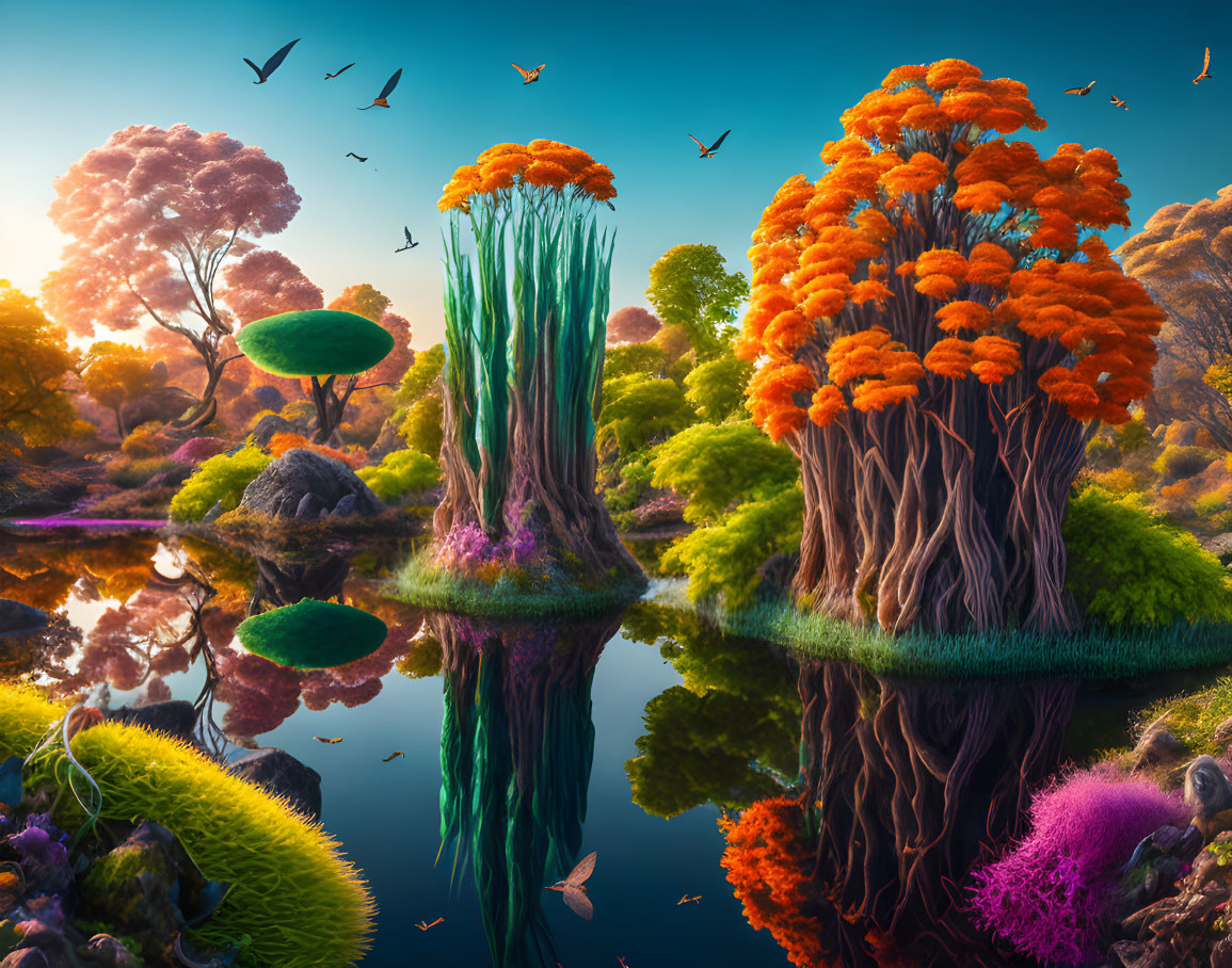 Fantastical Landscape with Vibrant Colors and Nature Elements