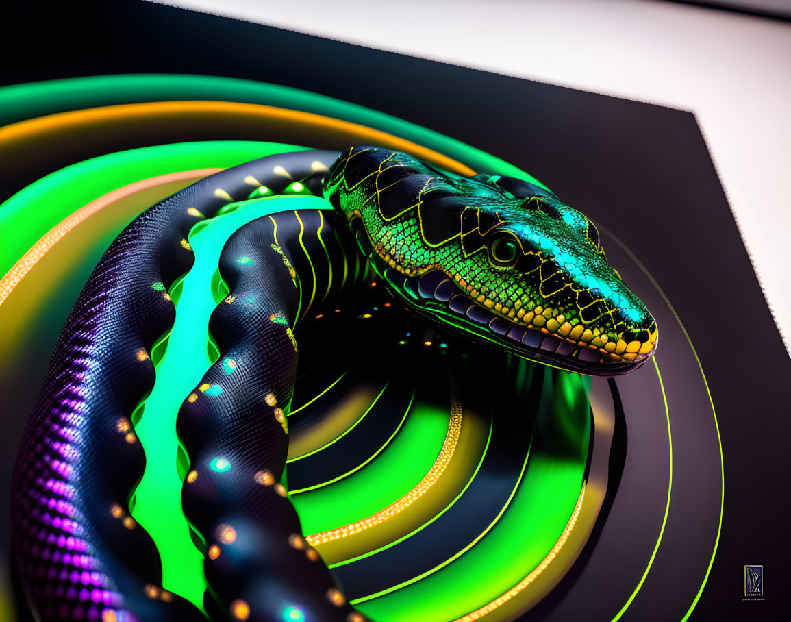 Green and Black Snake on Neon Spiral: Digital Art with Futuristic Aesthetic