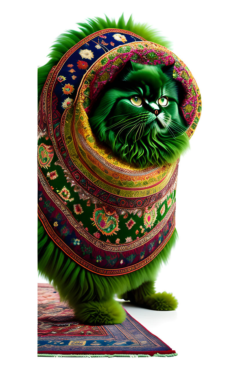 Green Fluffy Cat in Colorful Folk Cloak Illustration