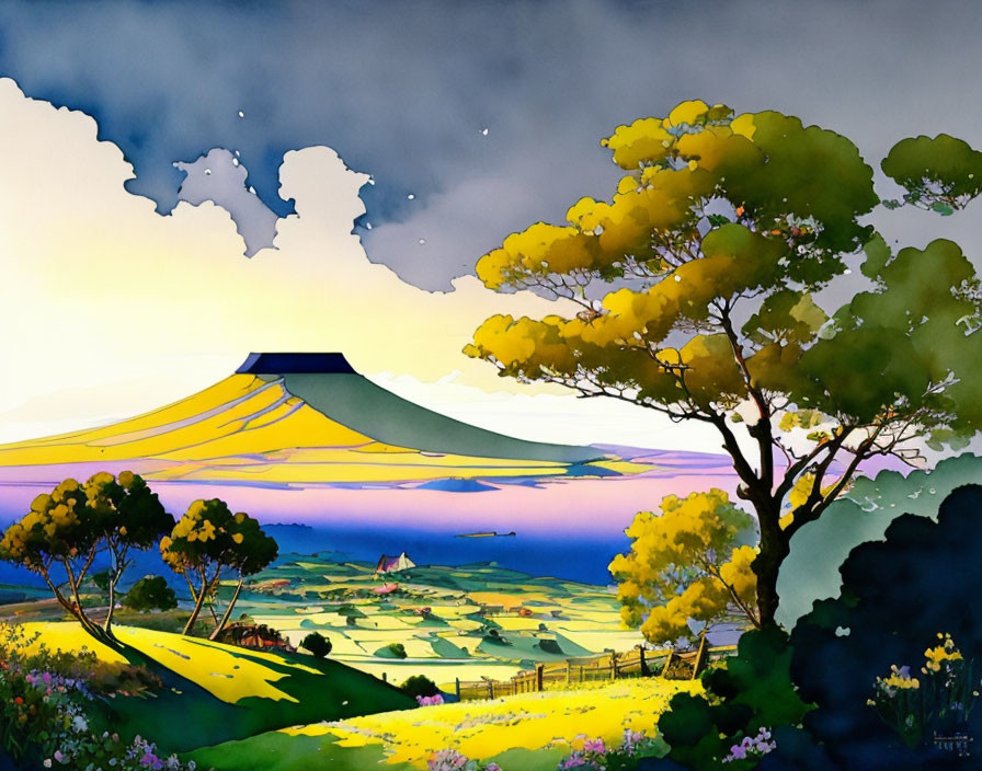 Vibrant countryside landscape at dusk with large tree, hills, and mountain