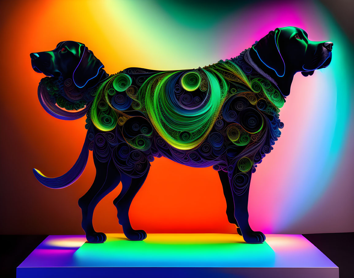 Colorful Neon Black Dog Artwork on Gradient Background