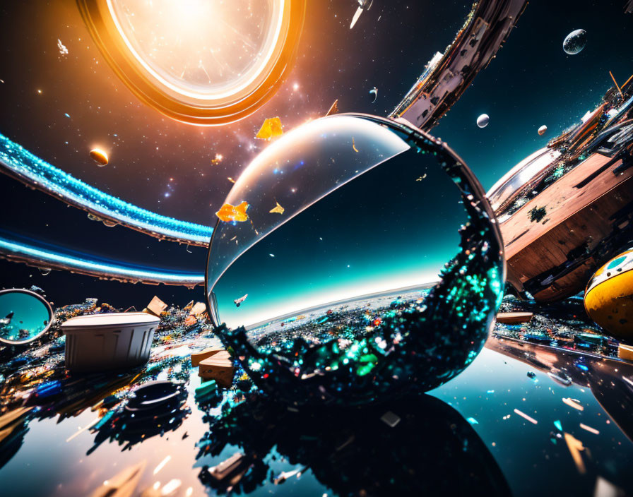 Crystal ball reflects futuristic cityscape and cosmic sky