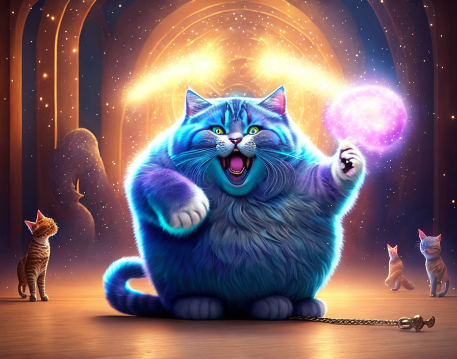 Large Blue Grinning Cat Conjuring Glowing Orb with Three Smaller Cats