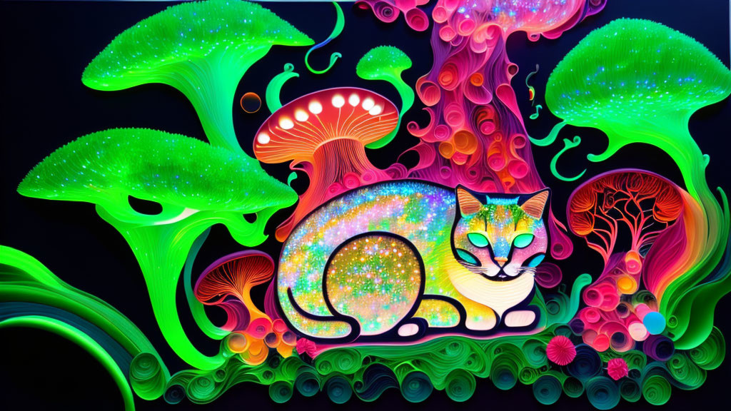 Colorful psychedelic digital artwork: Multicolored cat in cosmic setting with glowing mushrooms and abstract flora