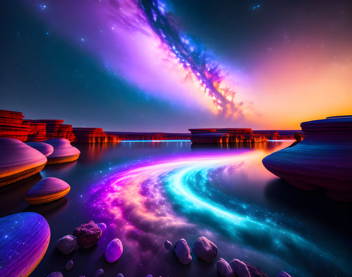 Surreal landscape with purple and blue hues under starry sky